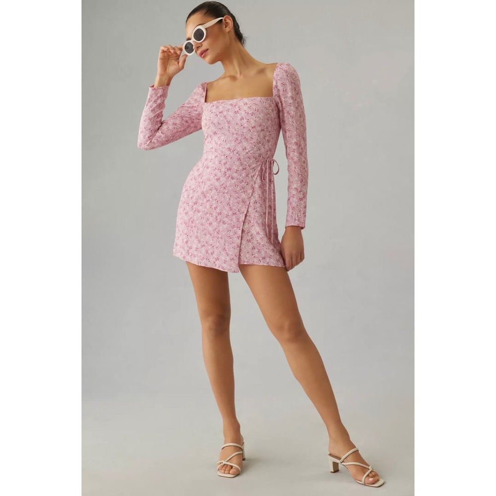 Reformation Rosalie Mini Dress Pink Floral Long Sleeve Square Neck Wrap Sz 4 EUC